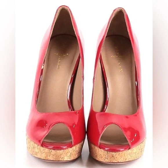 cole haan Heels 9.5 air Mariela Platform Leather Red Peep Toe Cork Nike Air sole - Picture 2 of 8